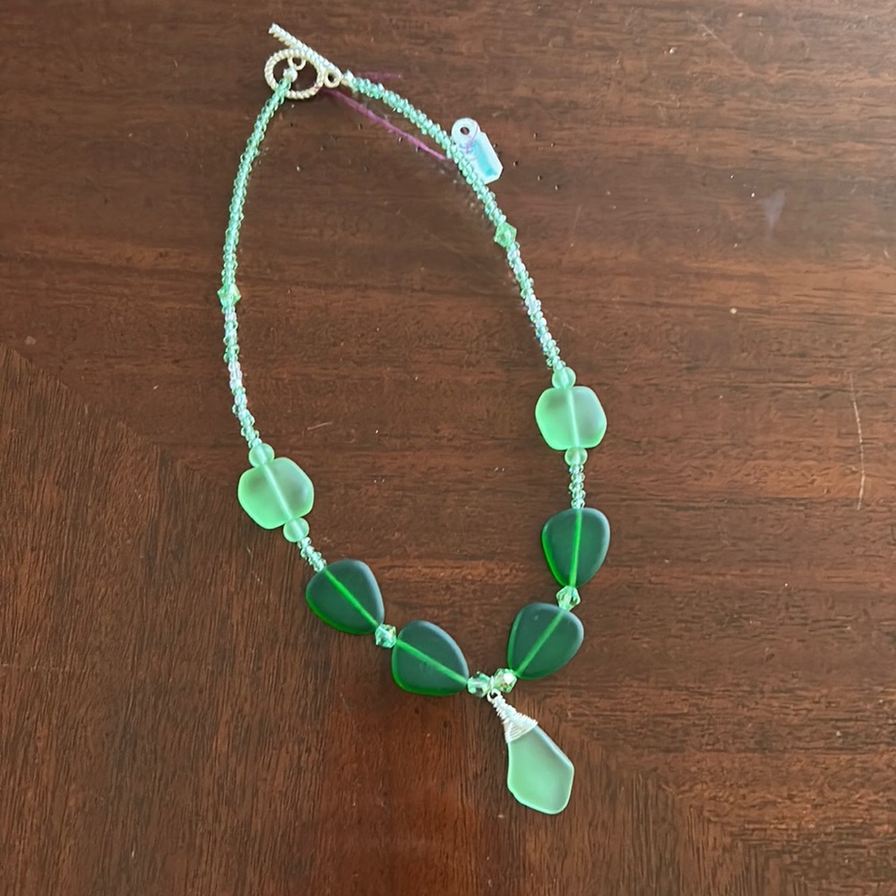 Handmade Sea-glass & Crystal Necklace with Silver Tone Clasp, Dark & Light Green